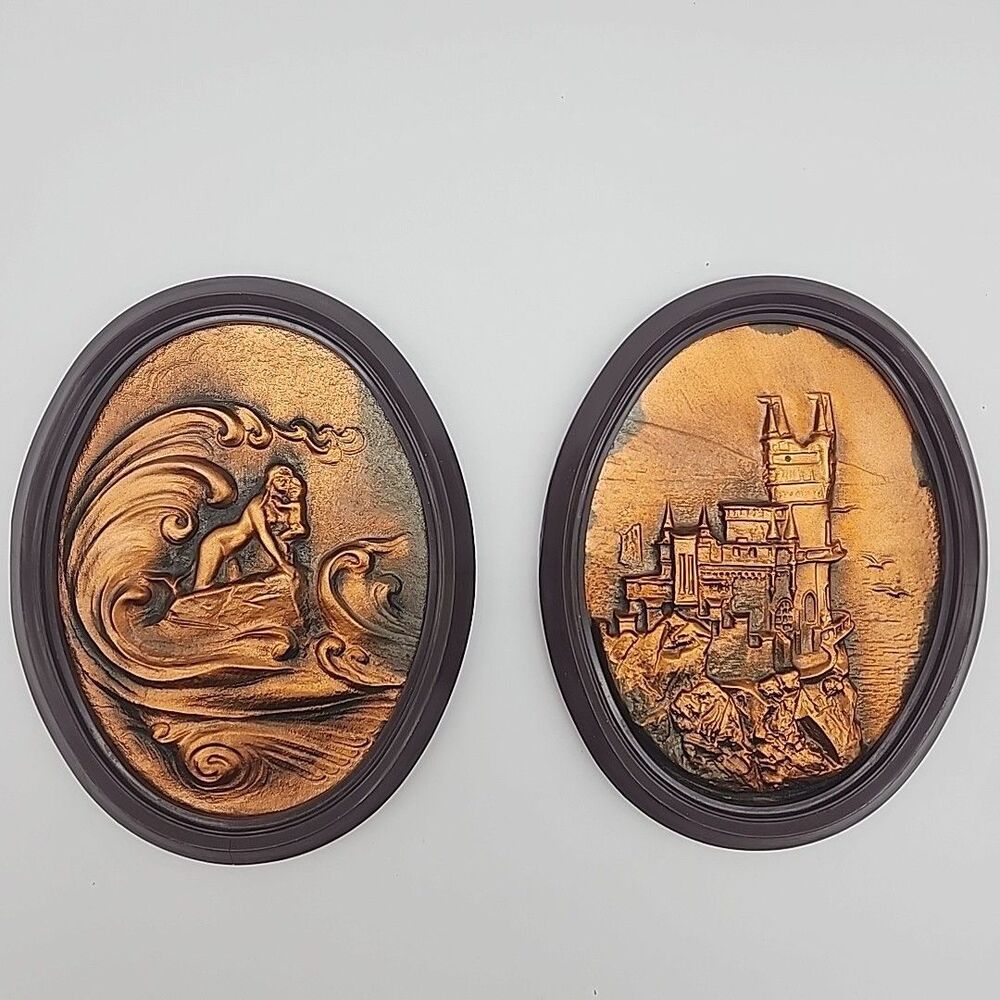 Pressed Copper Wall Plaques 6 Inch Oval Set Of 2 Castles And Ocean